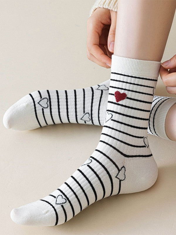 Striped Heart Sock - White