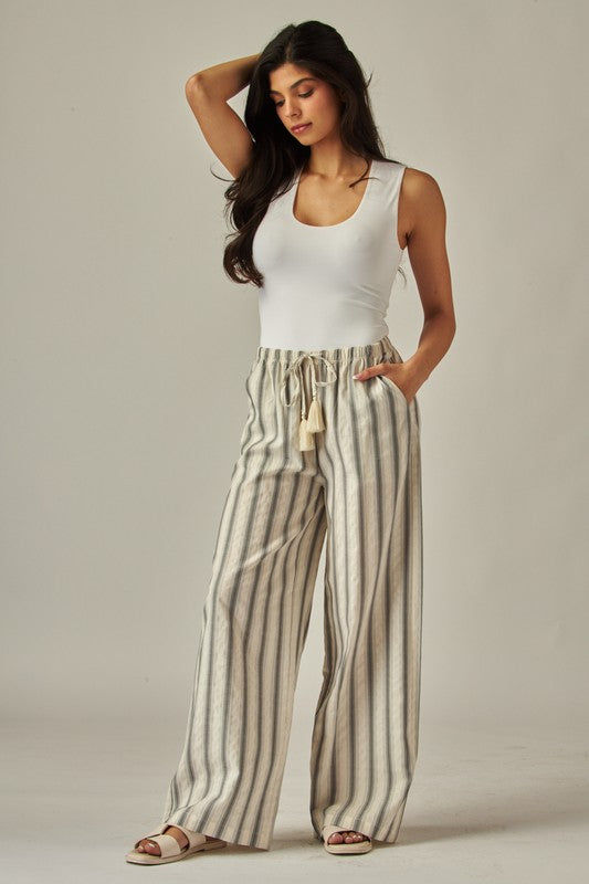 Striped Relaxed Linen Pant - Olive