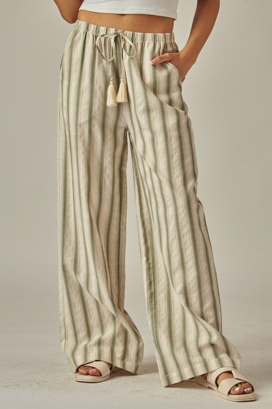 Striped Relaxed Linen Pant - Olive