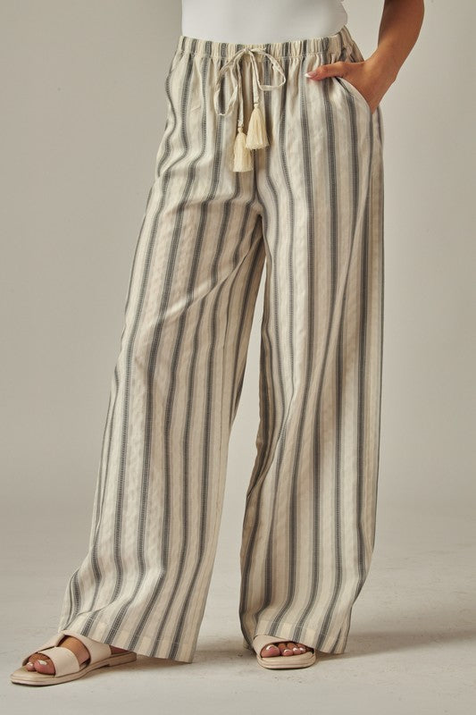 Striped Relaxed Linen Pant - Olive