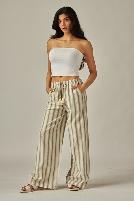 Striped Relaxed Linen Pant - Olive