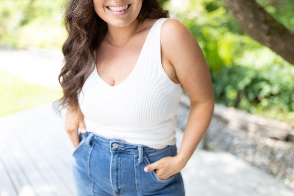 Classic Ribbed VNeck Tank - White