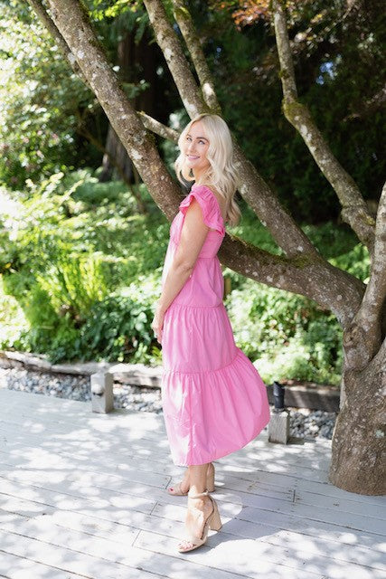 Poplin Tiered Maxi Dress - Pink