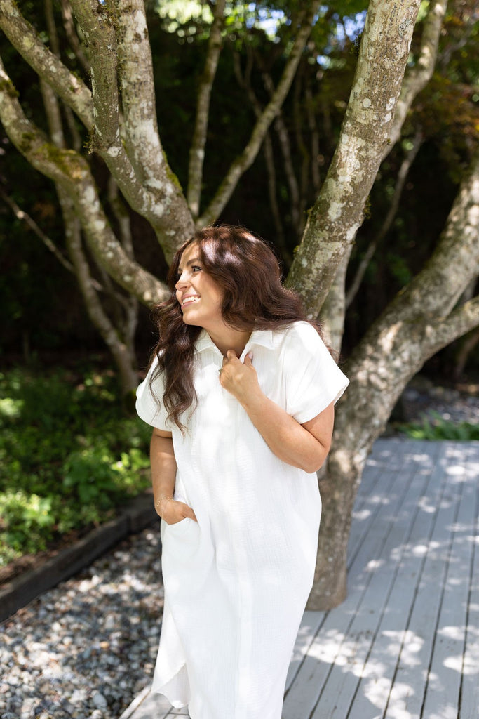 Button Down Long Shirt Dress - White
