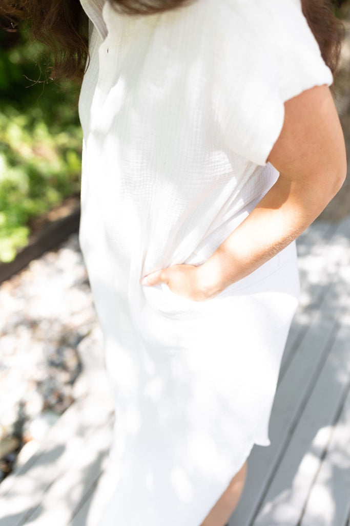 Button Down Long Shirt Dress - White