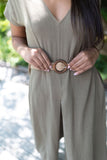 Linen Jumpsuit with Belt - Olive