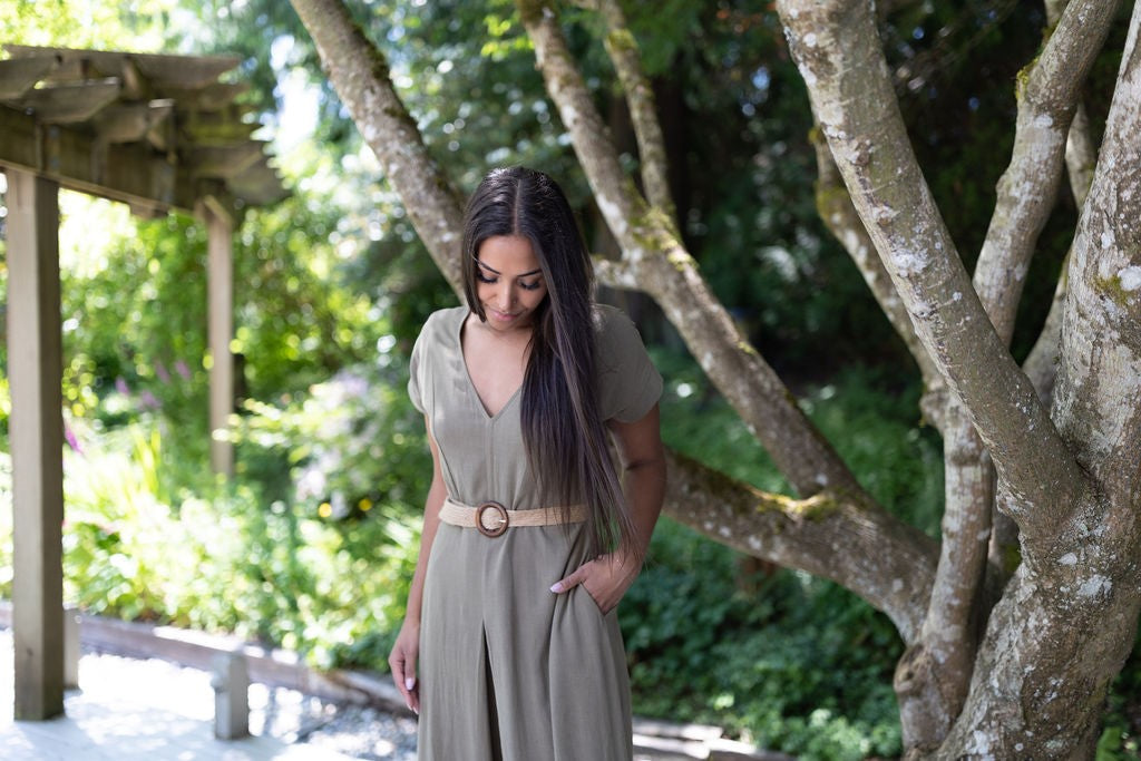 Linen Jumpsuit with Belt - Olive