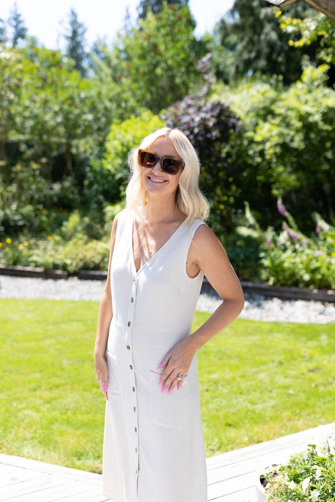 Button Front Midi Linen Dress - Oat