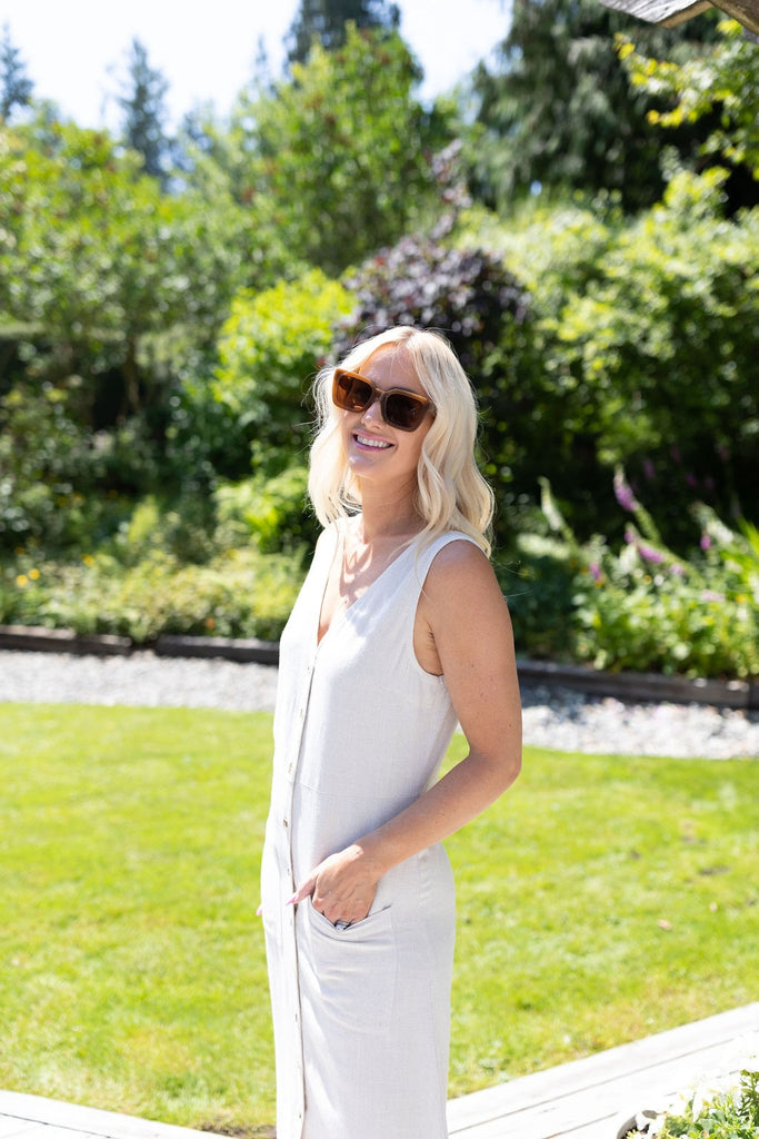 Button Front Midi Linen Dress - Oat