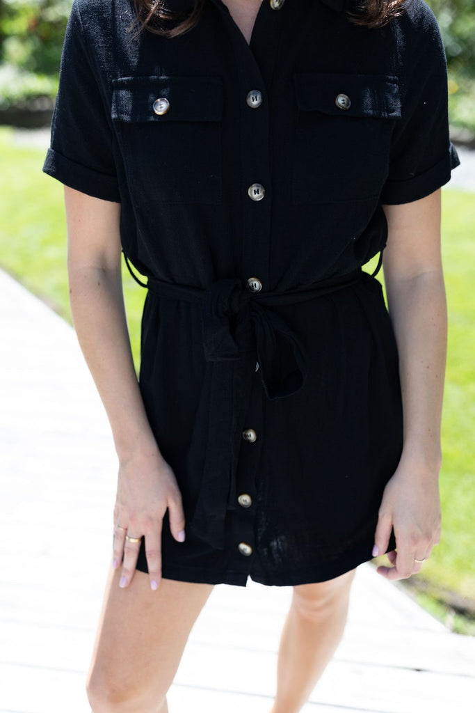 Linen Shirt Dress - Black