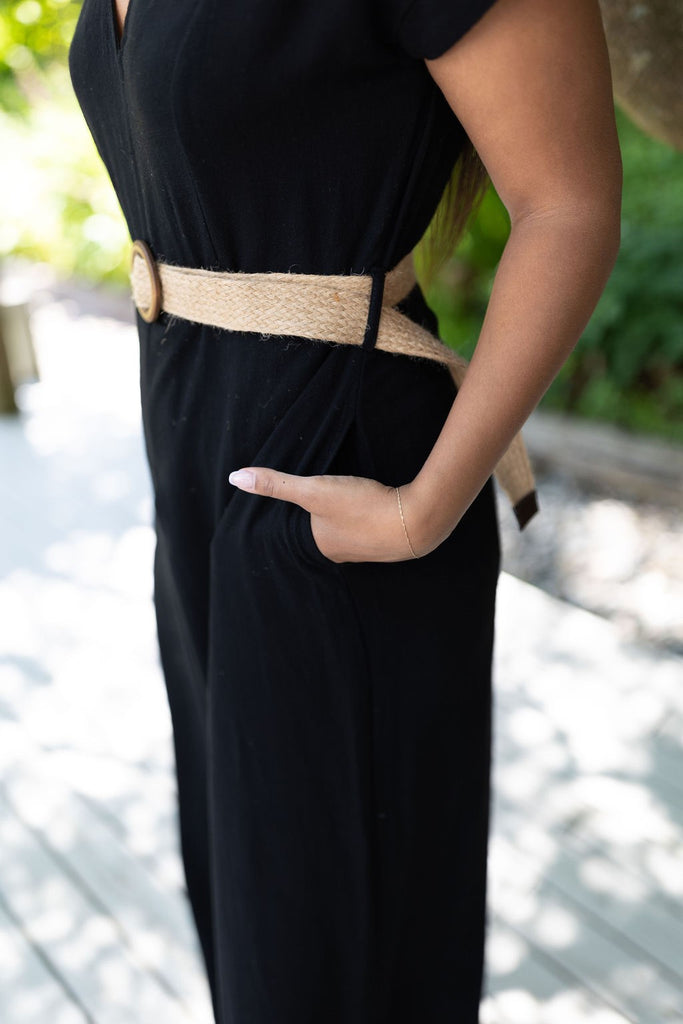 Linen Jumpsuit with Belt - Black