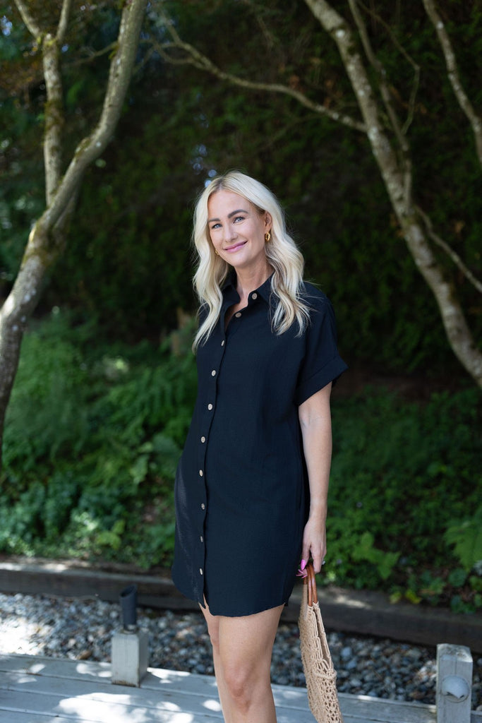 Button Down Shirt Dress - Black