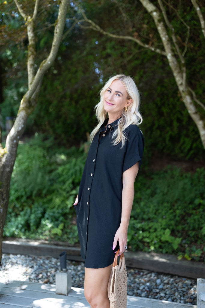 Button Down Shirt Dress - Black