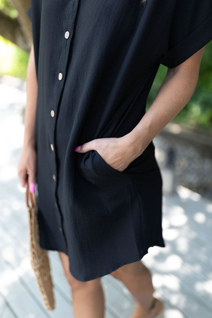 Button Down Shirt Dress - Black