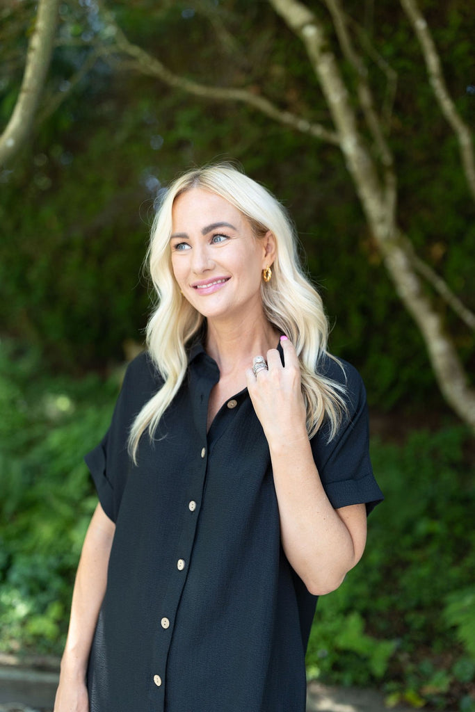 Button Down Shirt Dress - Black