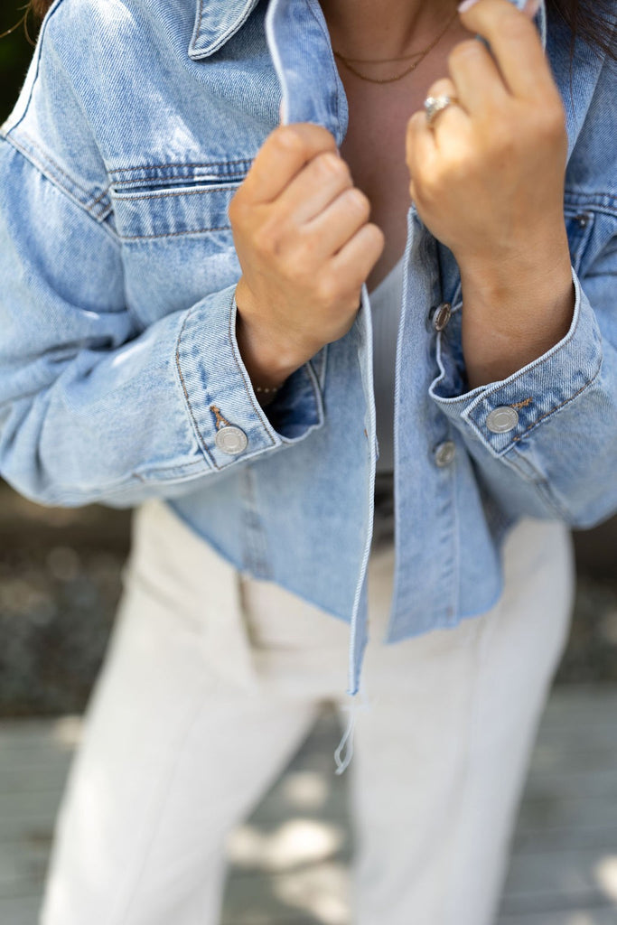 Cropped Raw Edge Denim Jacket - Blue