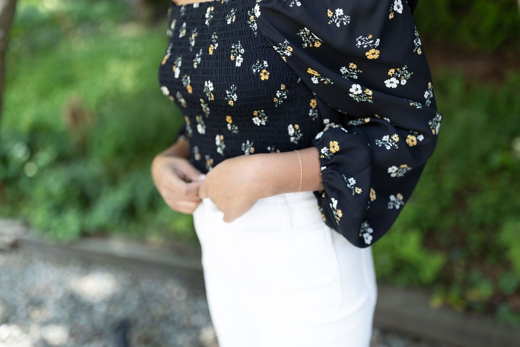 Smocked Floral Shirt - Black