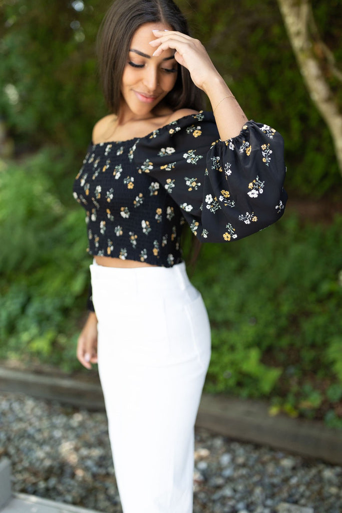 Smocked Floral Shirt - Black