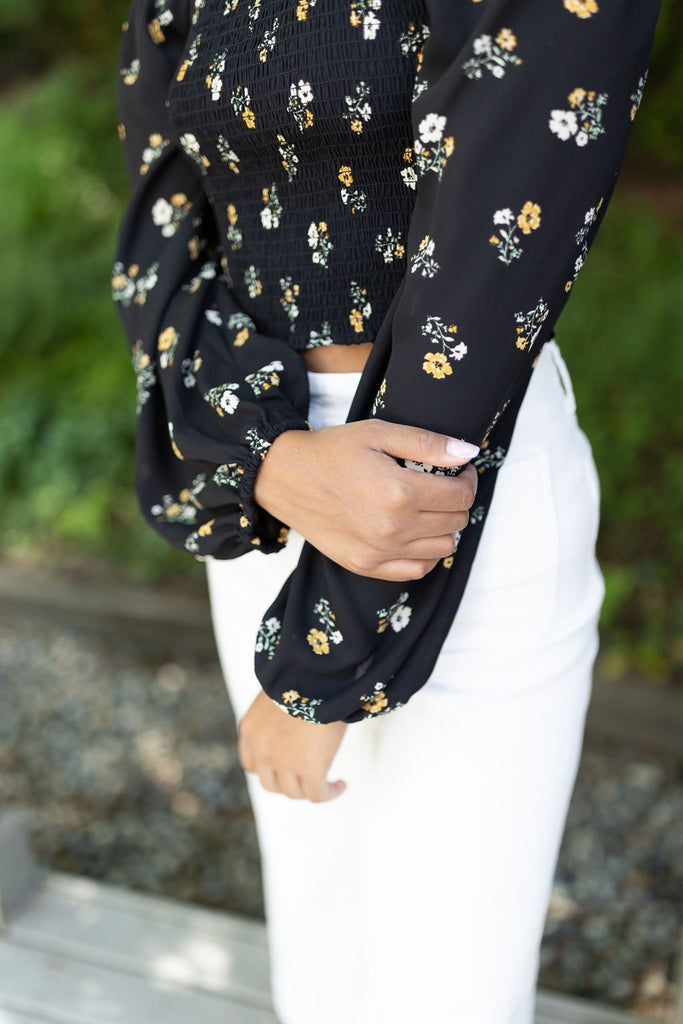 Smocked Floral Shirt - Black