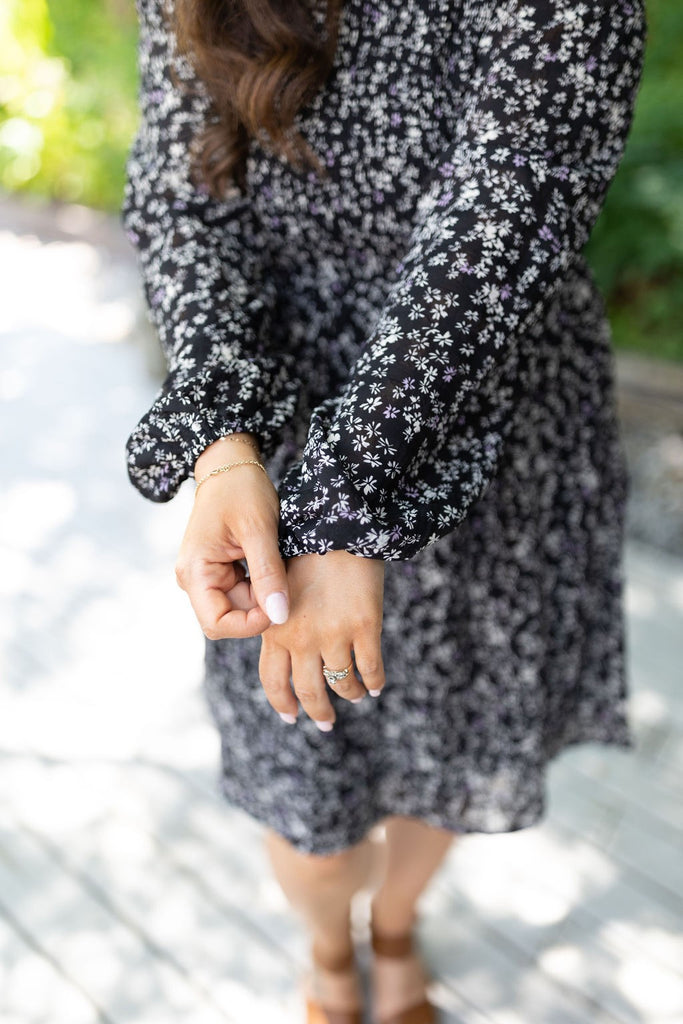 Balloon Sleeve Floral Dress - Black
