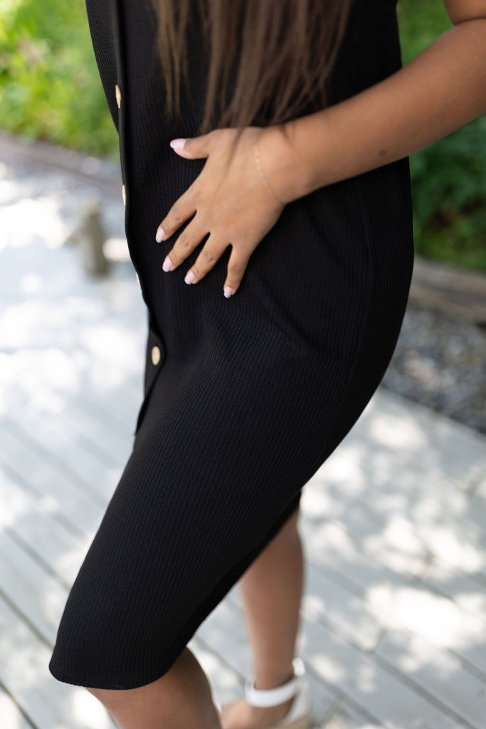 Ribbed Button Down Midi - Black