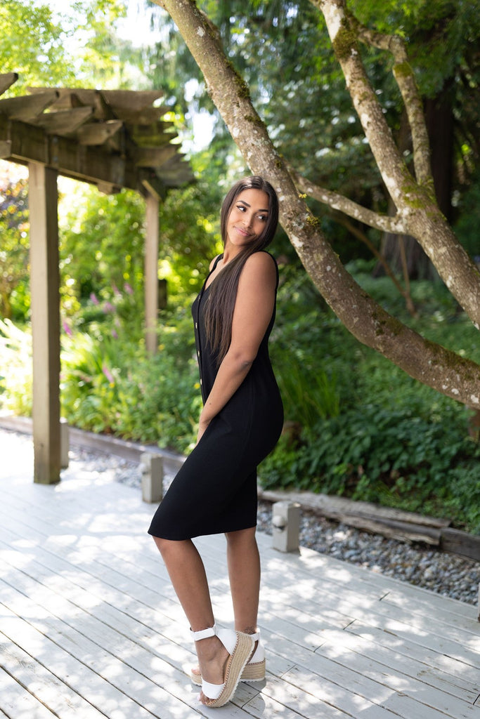 Ribbed Button Down Midi - Black