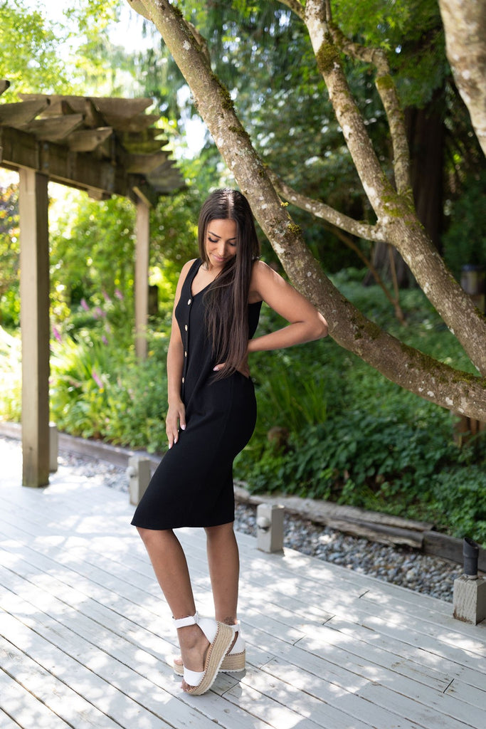 Ribbed Button Down Midi - Black