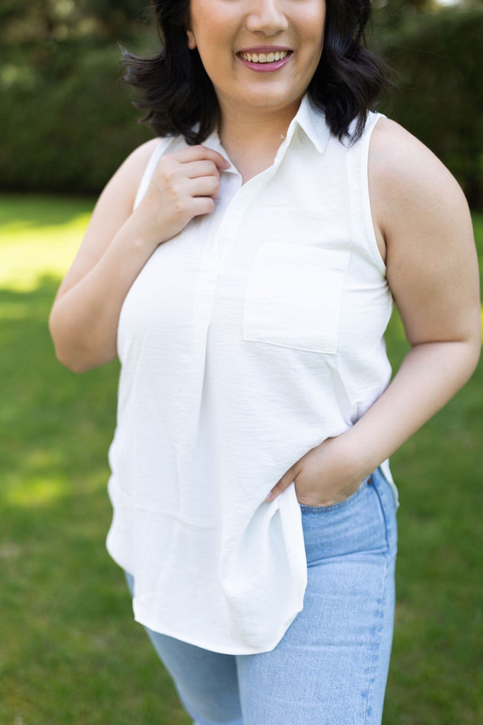 Sleeveless Collared Shirt - White