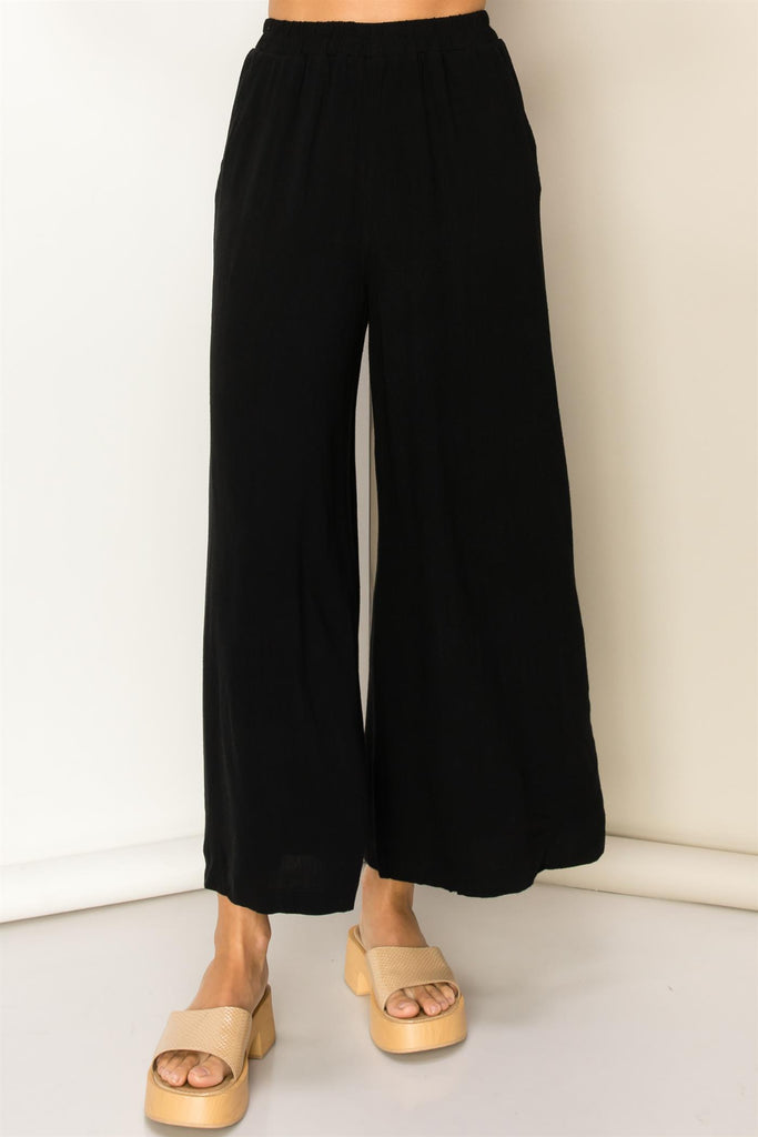Cropped Wide Leg Linen Pant - Black