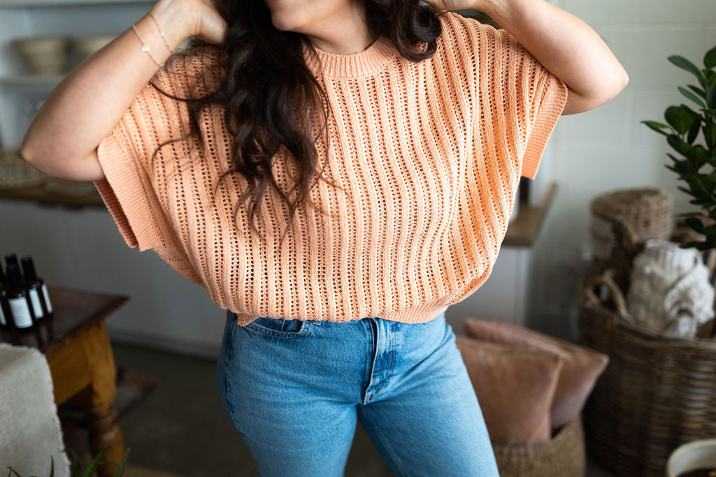 Open Knit Short Sleeve Sweater - Coral