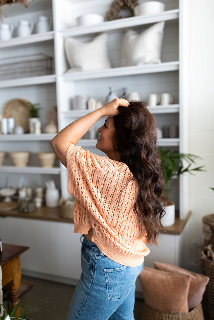 Open Knit Short Sleeve Sweater - Coral