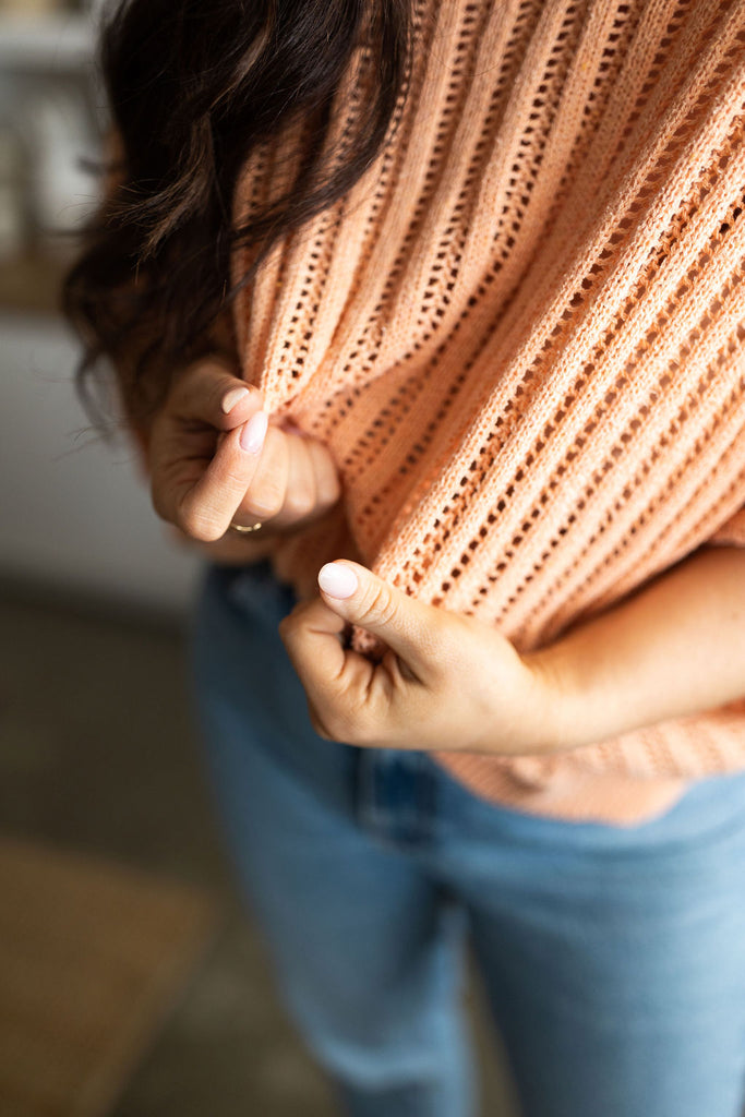 Open Knit Short Sleeve Sweater - Coral