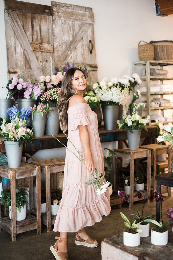 Smocked Tiered Off Shoulder Midi - Blush