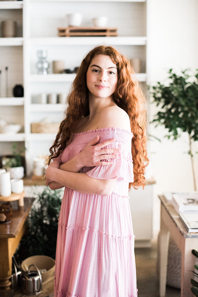 Smocked Tiered Off Shoulder Midi - Pink
