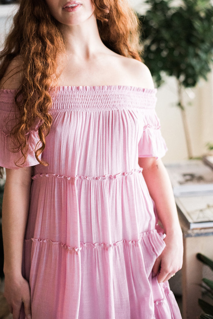 Smocked Tiered Off Shoulder Midi - Pink