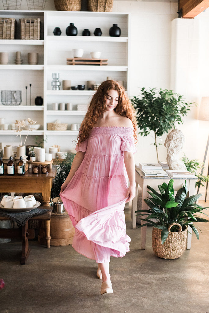 Smocked Tiered Off Shoulder Midi - Pink