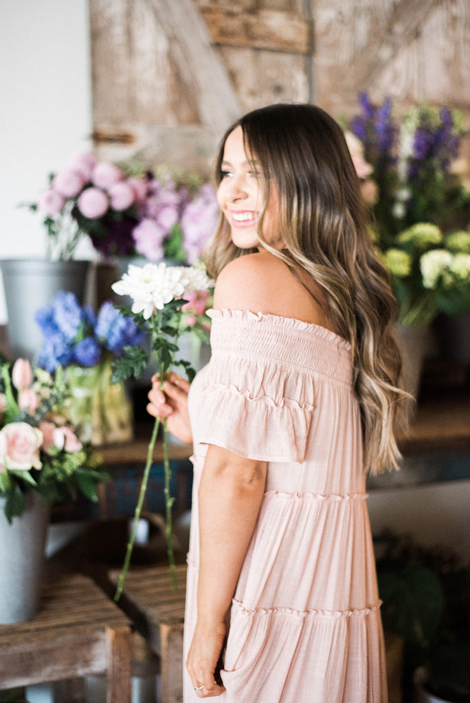 Smocked Tiered Off Shoulder Midi - Blush