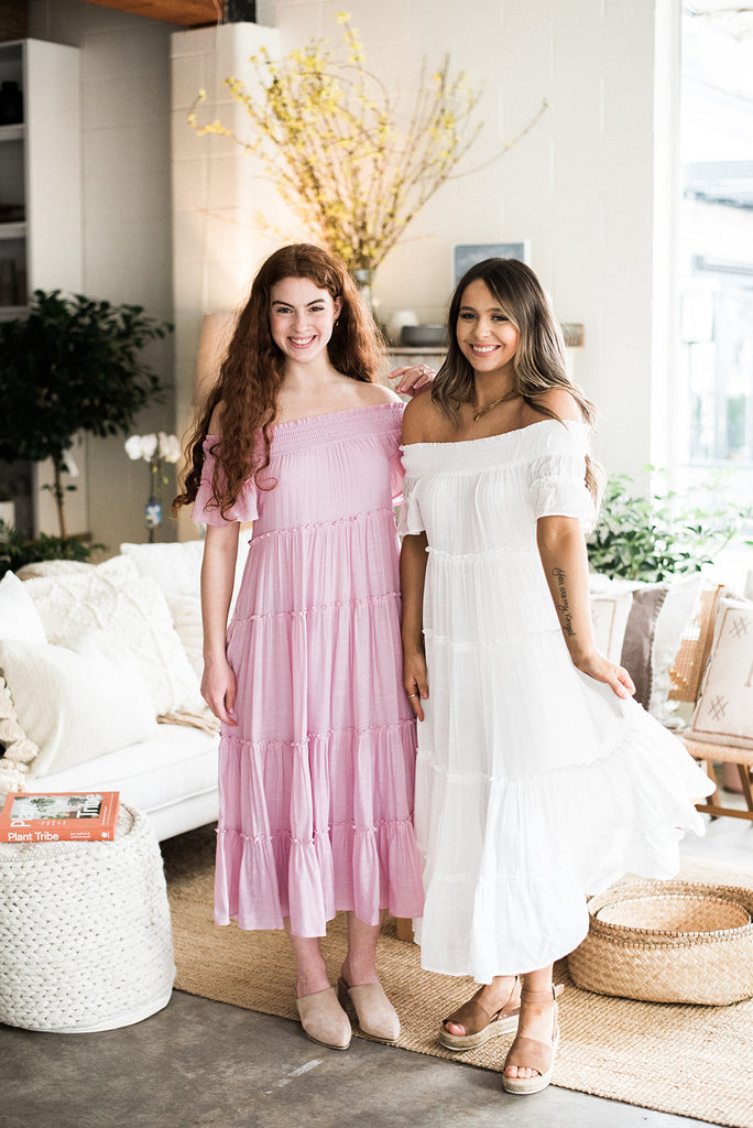 Smocked Tiered Off Shoulder Midi - Pink