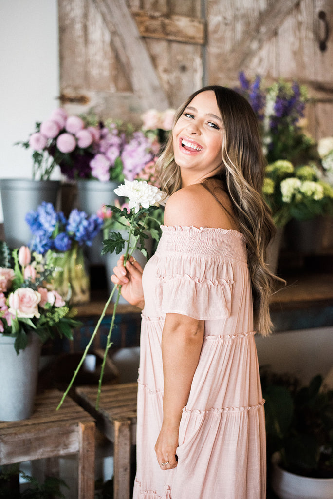 Smocked Tiered Off Shoulder Midi - Blush