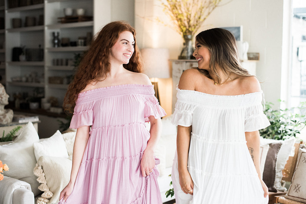 Smocked Tiered Off Shoulder Midi - Pink
