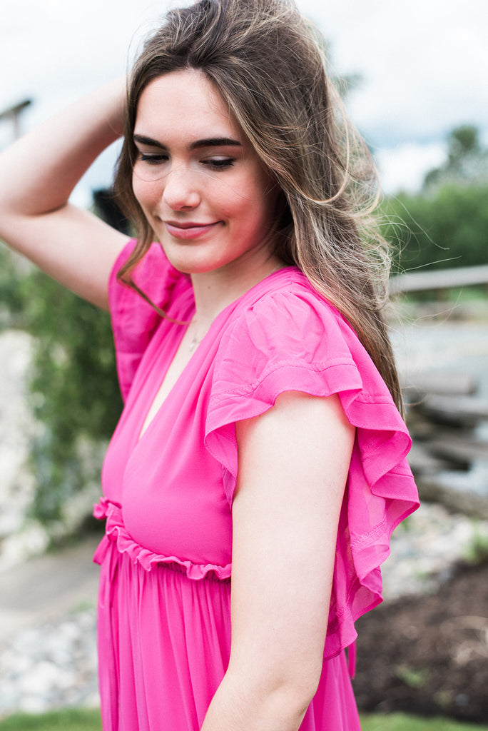 Ruffled Maxi Dress with Front Tie - Fuch