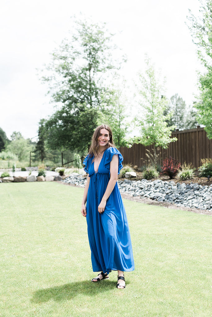 Ruffled Maxi Dress with Front Tie - Blue