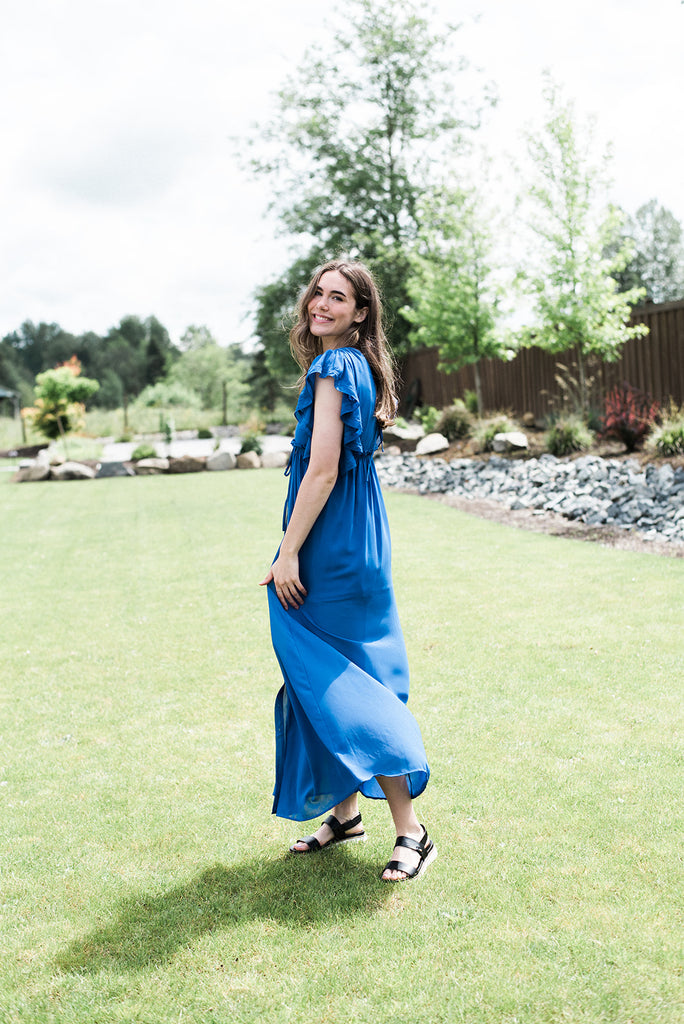 Ruffled Maxi Dress with Front Tie - Blue