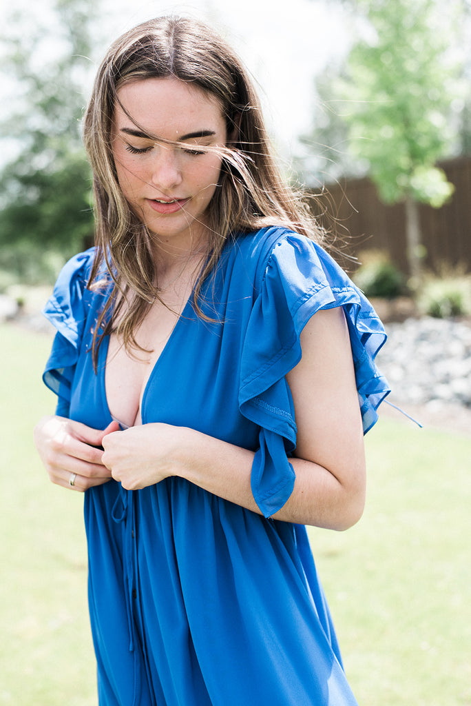 Ruffled Maxi Dress with Front Tie - Blue
