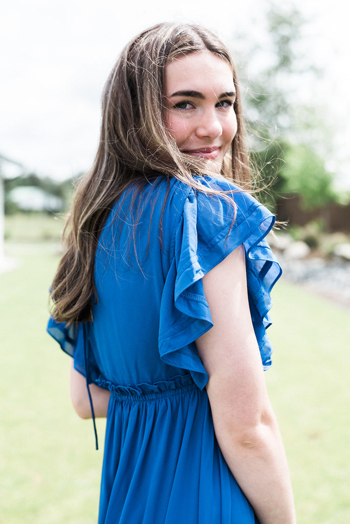 Ruffled Maxi Dress with Front Tie - Blue