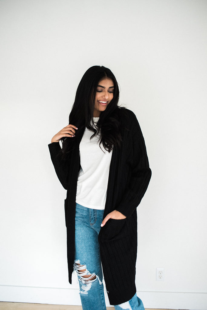 Open Cardigan With Pocket - Black