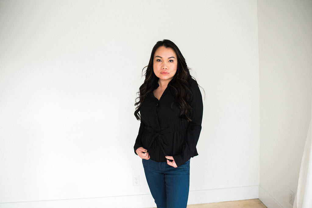Button Blouse With Waist Tie - Black