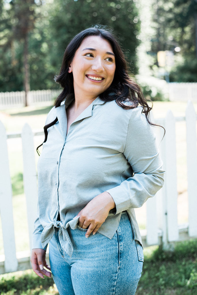 Long Sleeve Button Down with Tie - Blue/