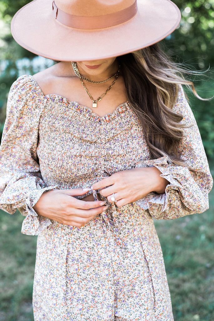 Long Sleeve Ruched Floral Romper - Taupe