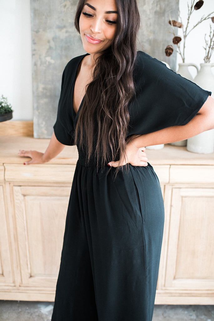 Short Sleeve Smocked Jumpsuit - Black